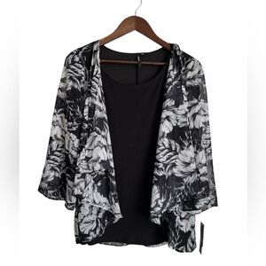 Cathy Daniel Black/White Blouse Built In Black Tank Top 3/4 Sleeve NWT Large